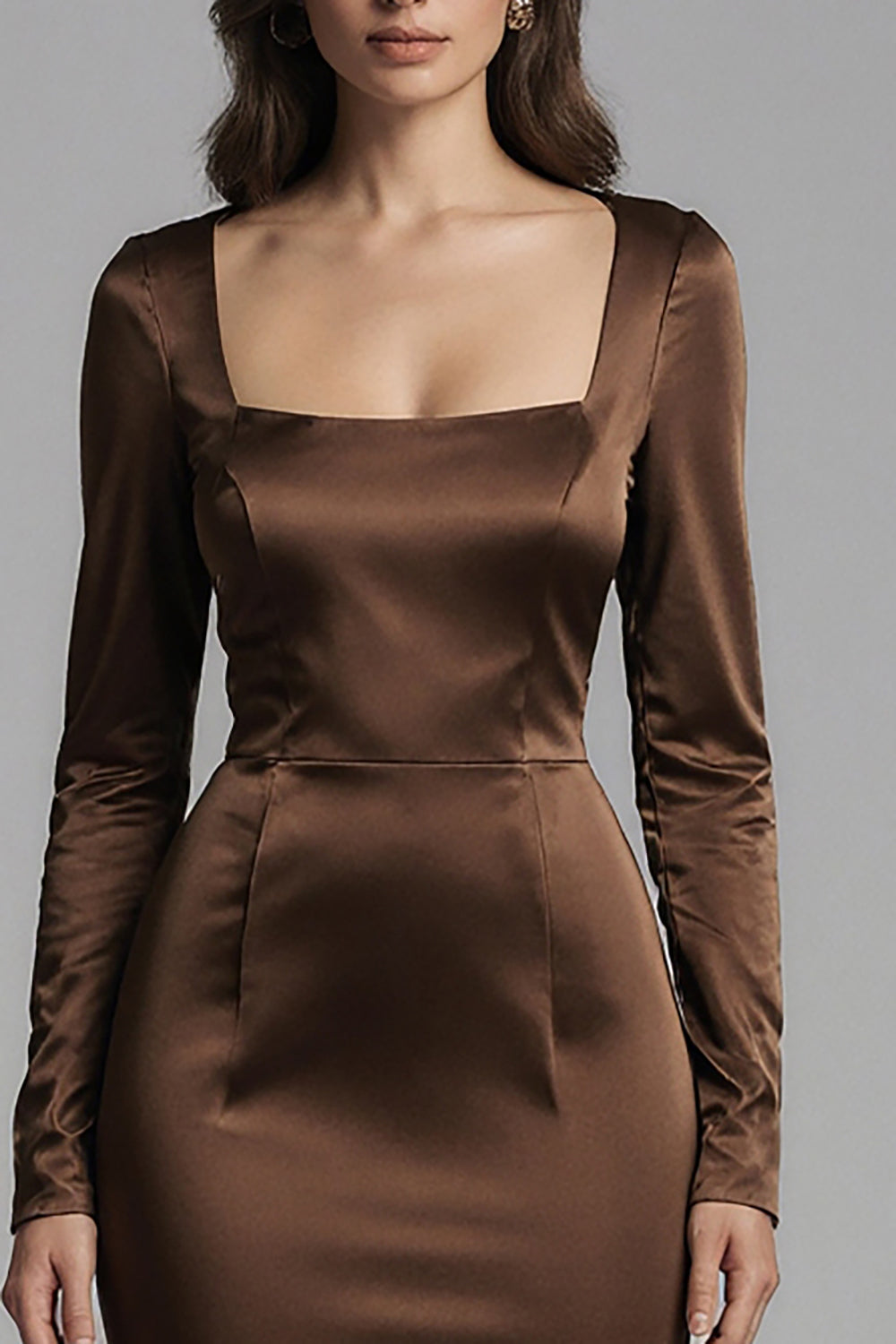 Coffee Square Neck Mermaid Satin Long Sleeves Evening Dress