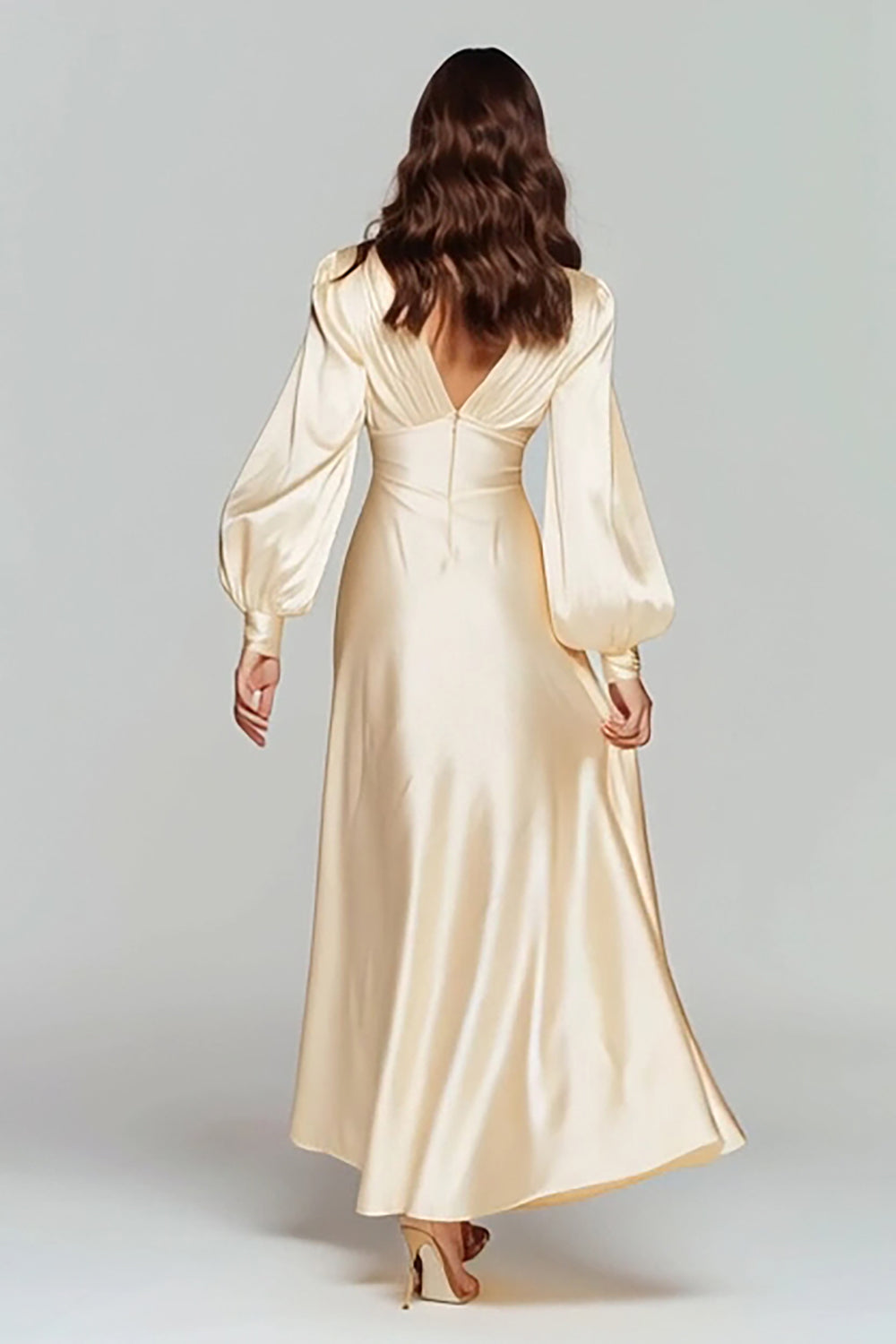 Champagne V-Neck Backless Satin Long Sleeves Evening Dress