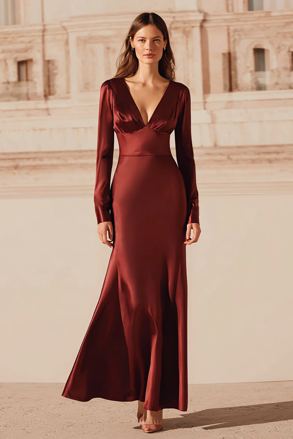 Burgundy Mermaid Satin V-Neck Long Evening Dress with Sleeves
