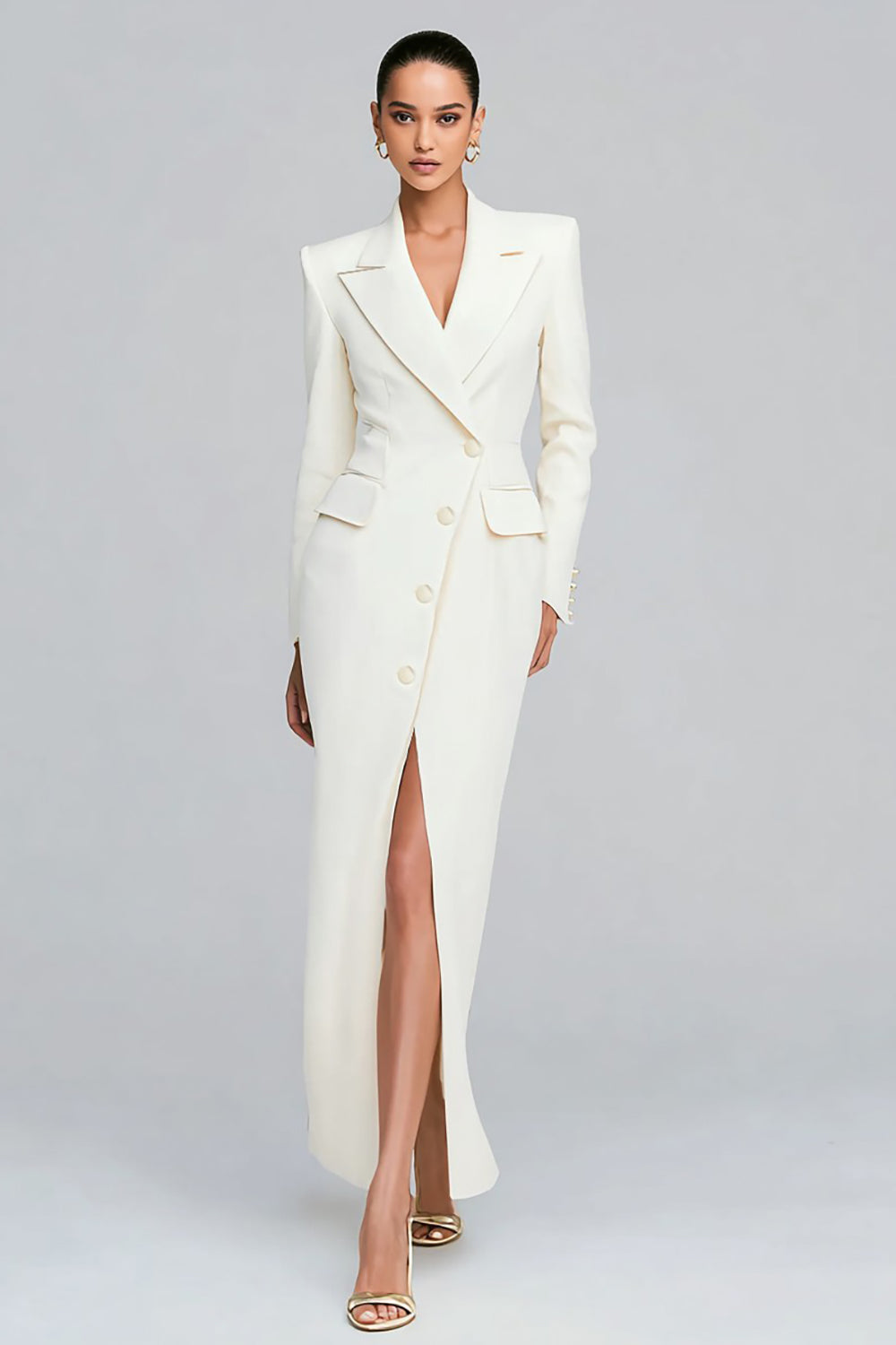 Dresstells Women Ivory Sheath Blazer Dress Long Sleeves Peak Lapel Single Breasted Work Dress with Slit