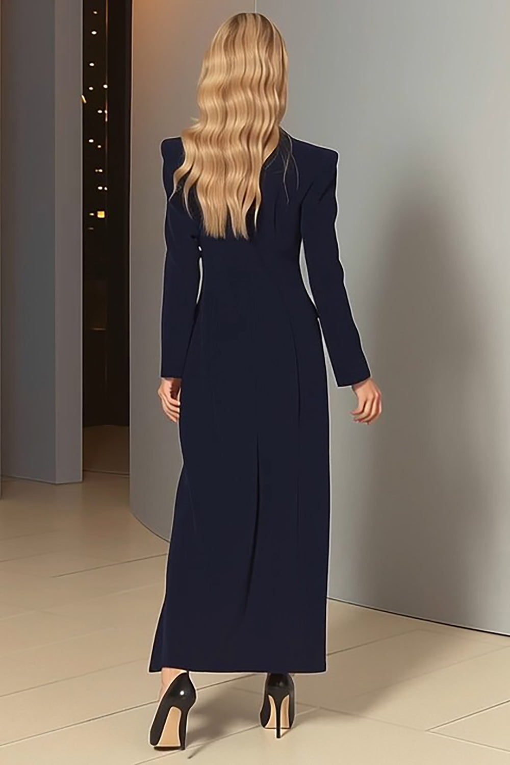 Navy Sheath Single Breasted Peak Lapel Long Blazer Dress with Slit