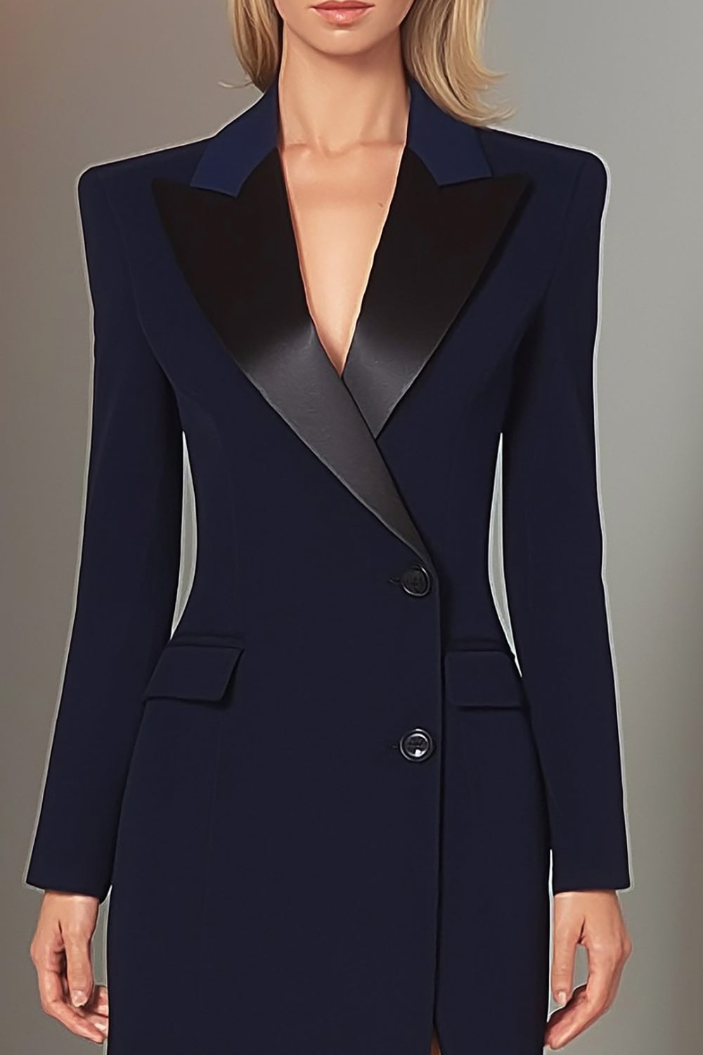 Navy Sheath Single Breasted Peak Lapel Long Blazer Dress with Slit