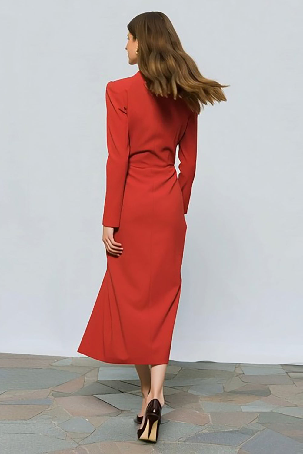 Red Peak Lapel Ruched One Button Midi Blazer Dress with Slit
