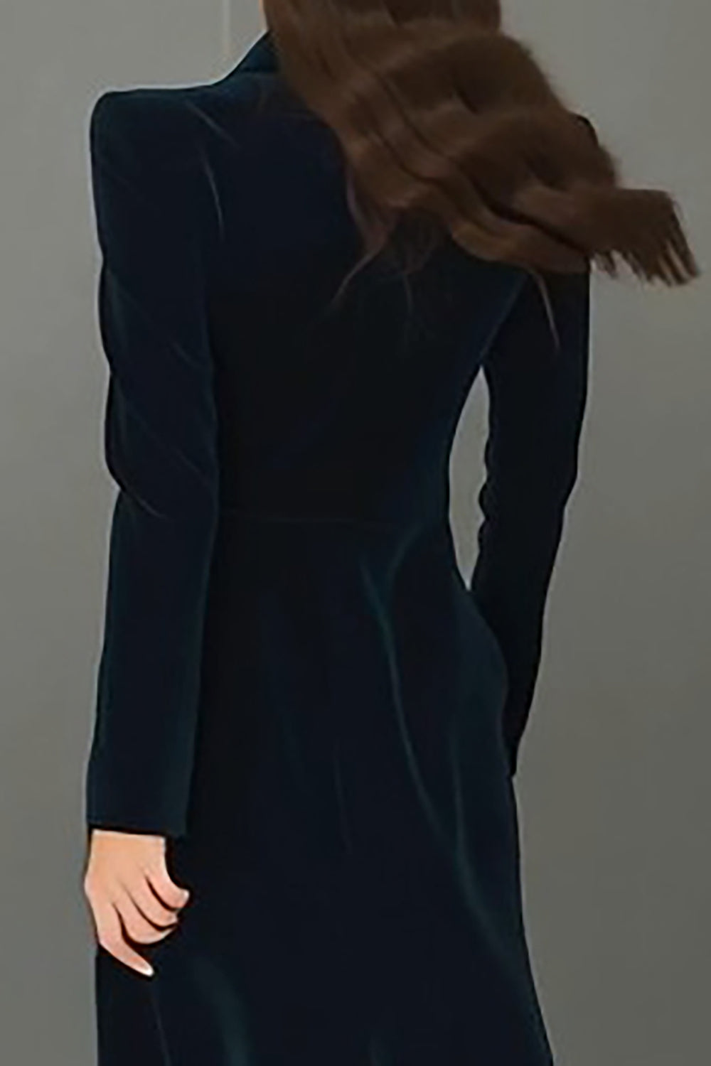 Navy Velvet Single Breasted Peak Lapel Long Blazer Dress with Slit