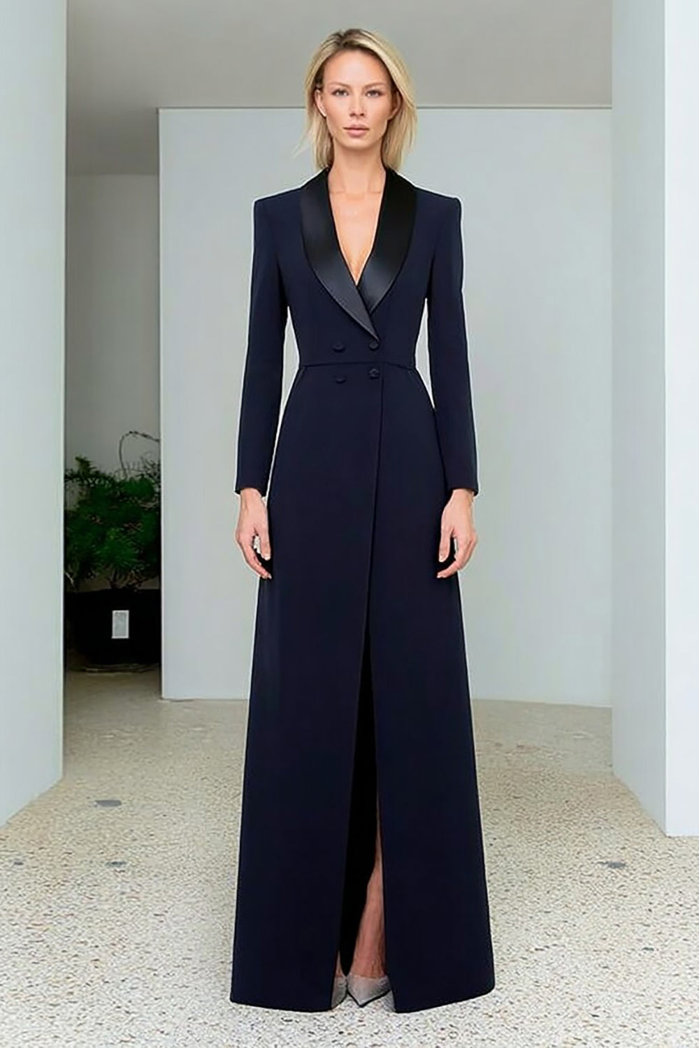 Double Breasted Navy Long Blazer Dress with Slit