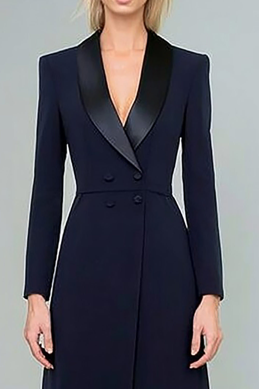 Double Breasted Navy Long Blazer Dress with Slit