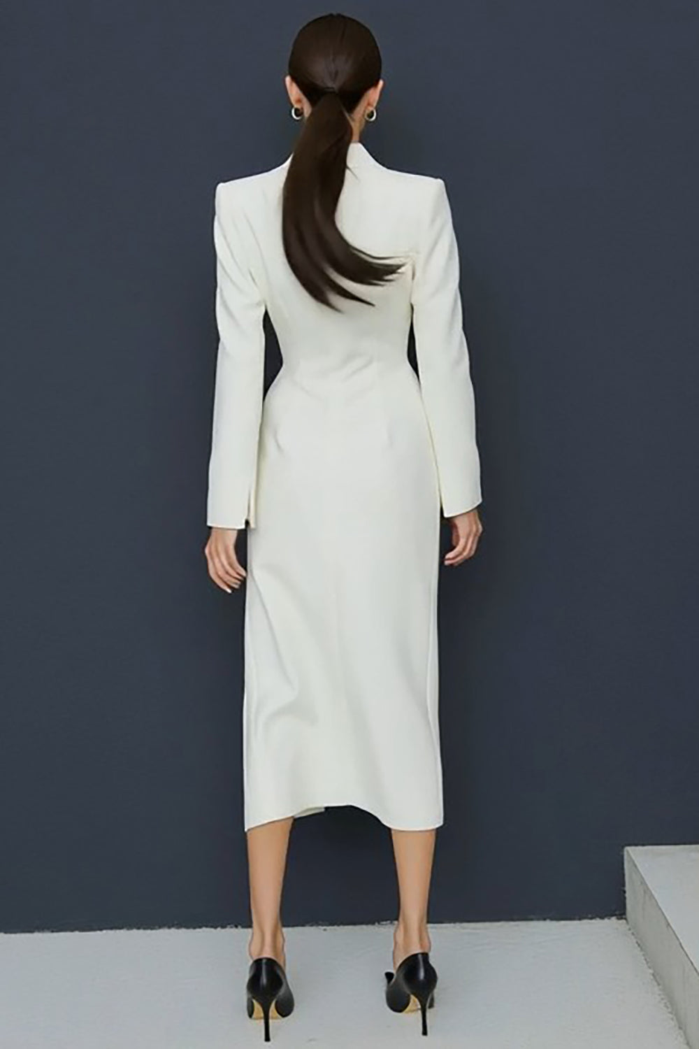 Ivory Notched Lapel Single Breasted Midi Blazer Dress