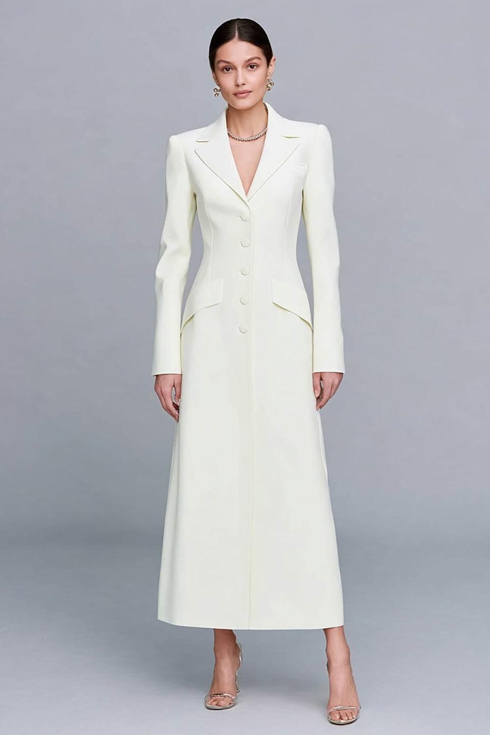 Ivory Notched Lapel Single Breasted Long Blazer Dress