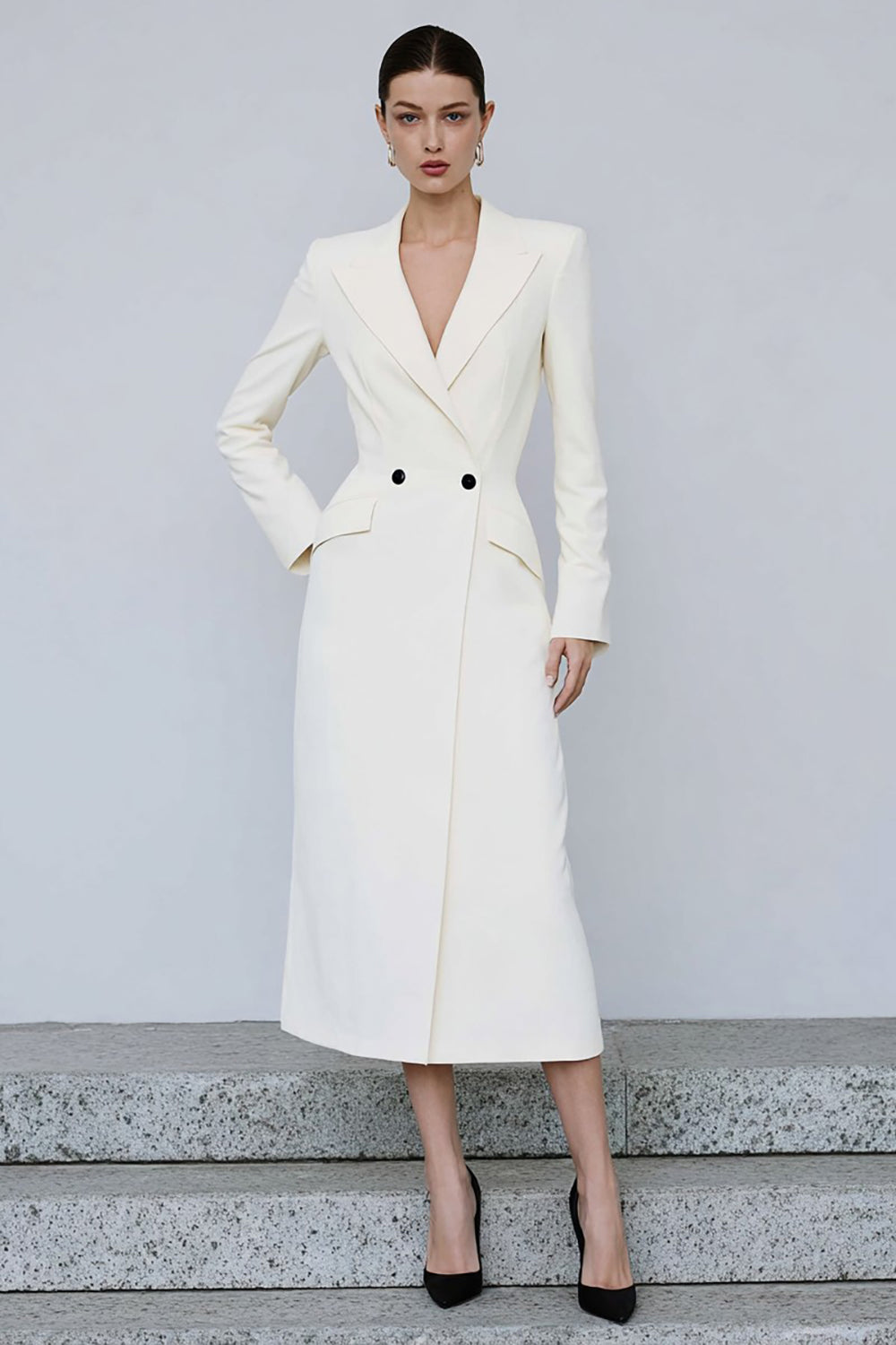 Ivory Peak Lapel Double Breasted Midi Blazer Dress with Sleeves