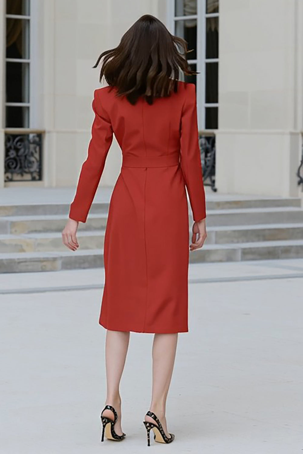 Red Peak Lapel Bodycon Midi Blazer Dress with Slit