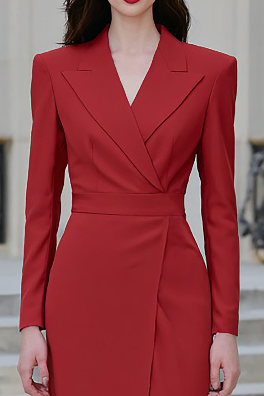 Red Peak Lapel Bodycon Midi Blazer Dress with Slit