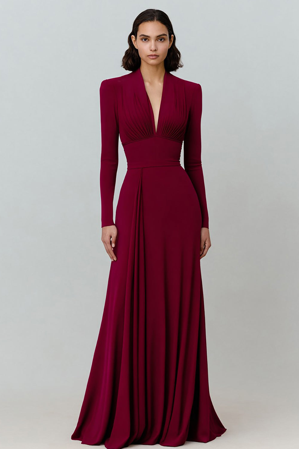 Burgundy Pleated V-Neck Long Sleeves Evening Dress