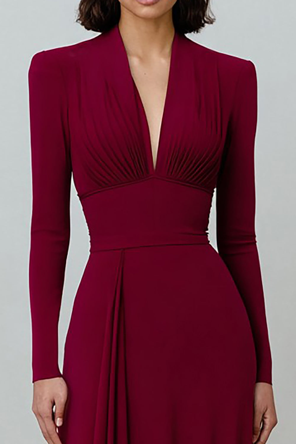 Burgundy Pleated V-Neck Long Sleeves Evening Dress