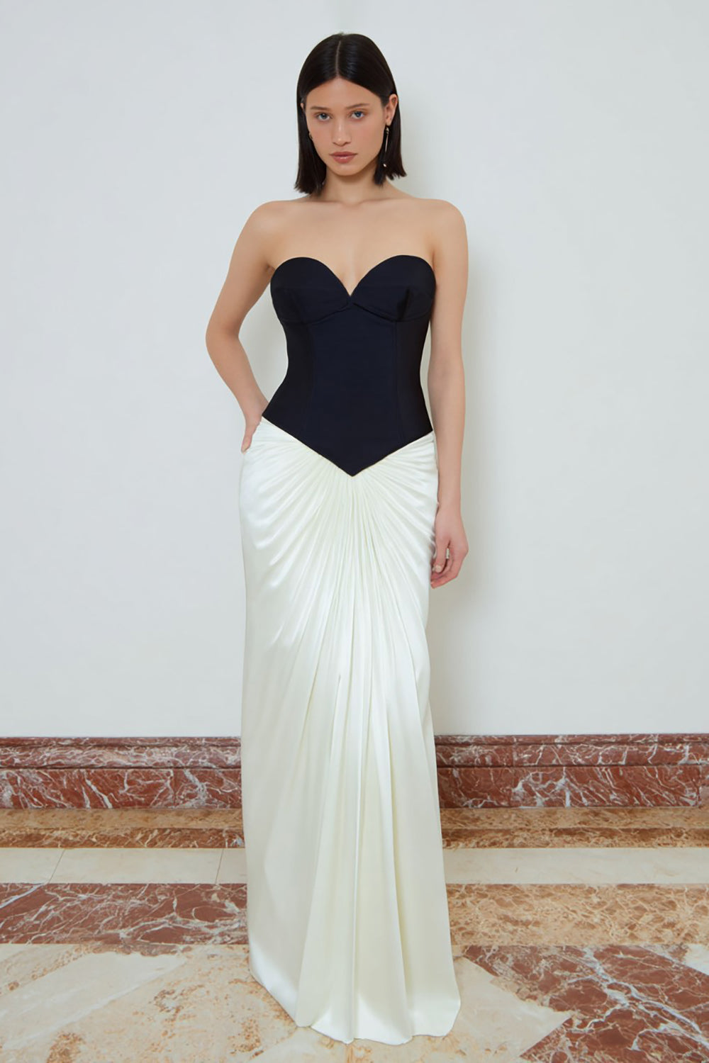 Black and White Ruched Sweetheart Long Corset Evening Dress