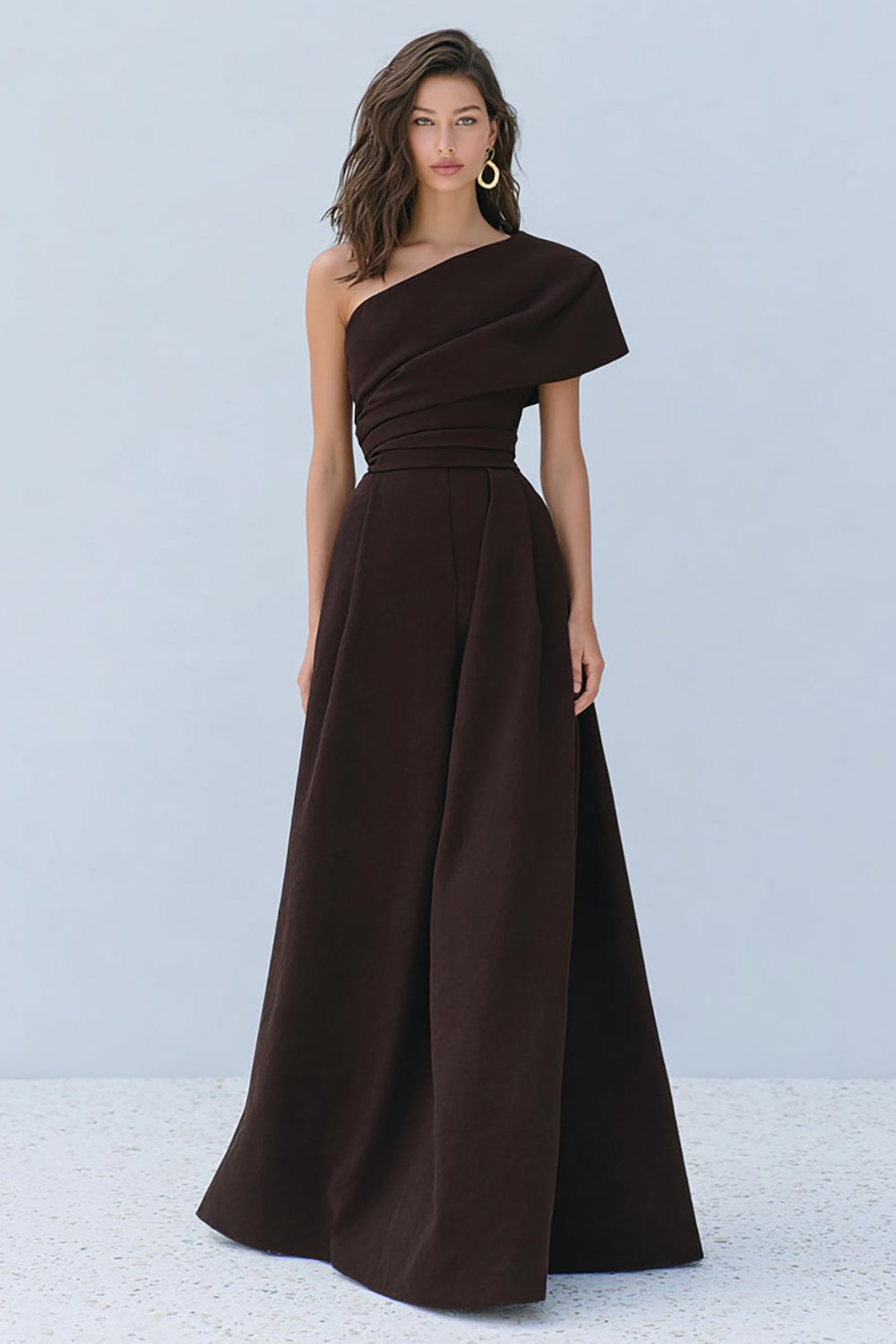 Coffee A-Line One Shoulder Long Evening Dress