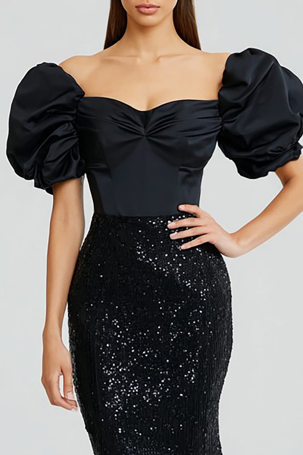 Sparkly Black Puff Sleeves Mermaid Long Evening Dress with Sequins