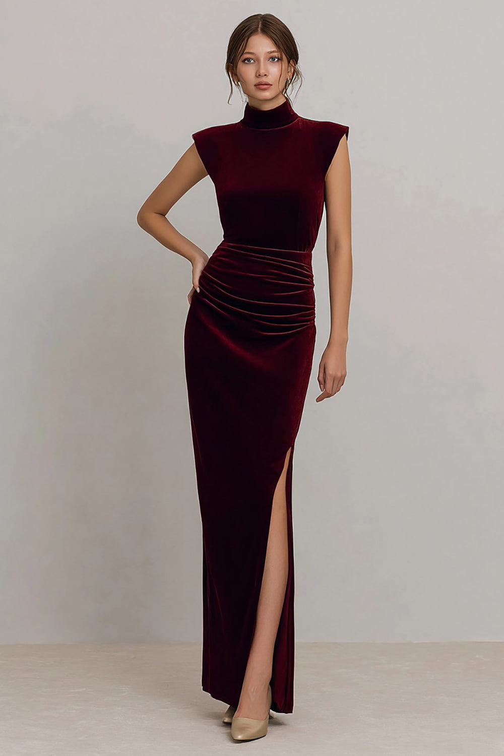 Burgundy Ruched High Neck Velvet Long Evening Dress with Slit