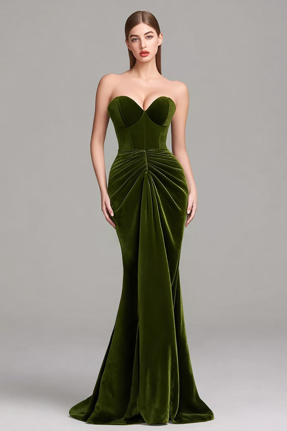 Olive Sweetheart Mermaid Velvet Ruched Long Corset Evening Dress