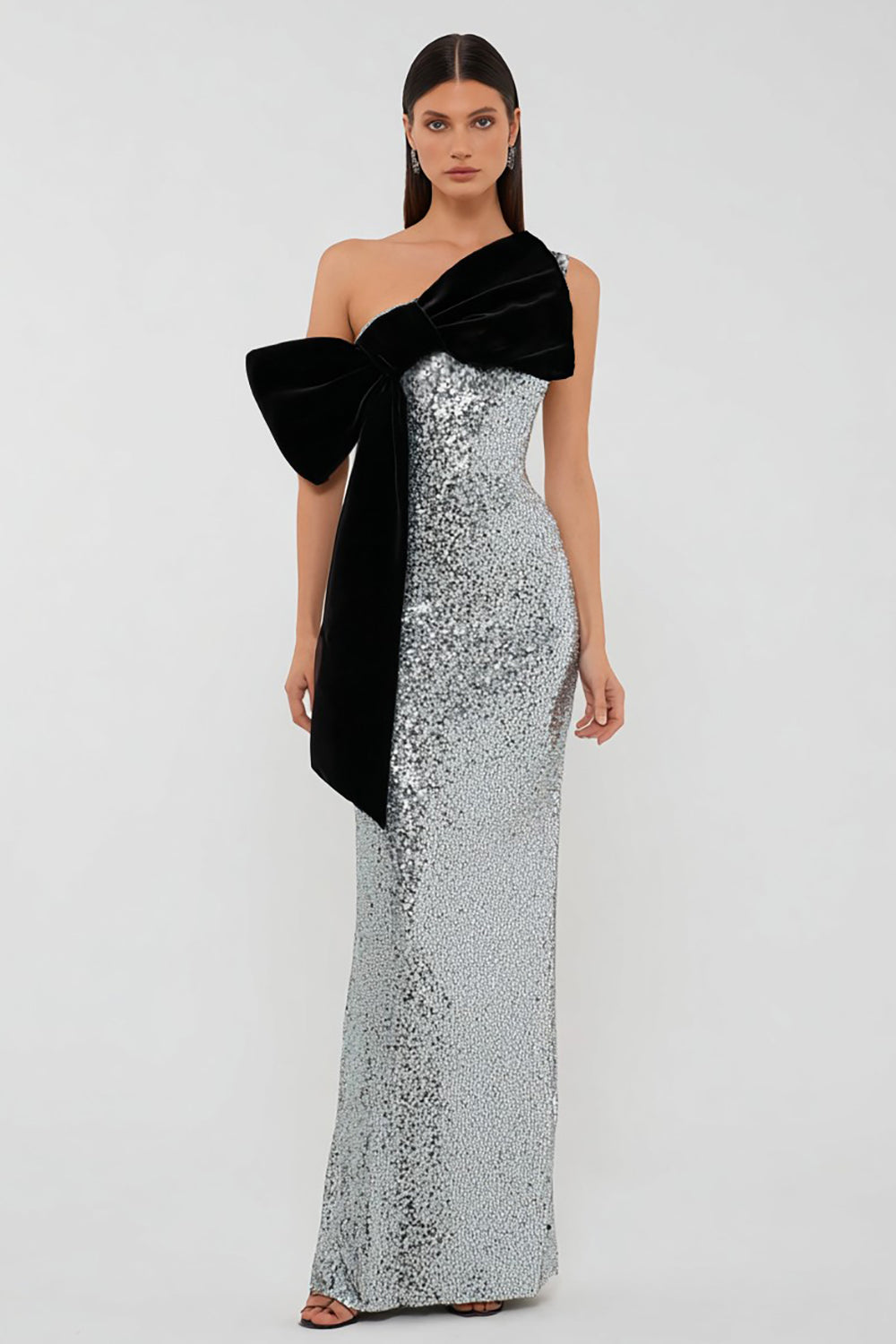 Sparkly Silver Sequins Long Sheath Evening Dress with Bow