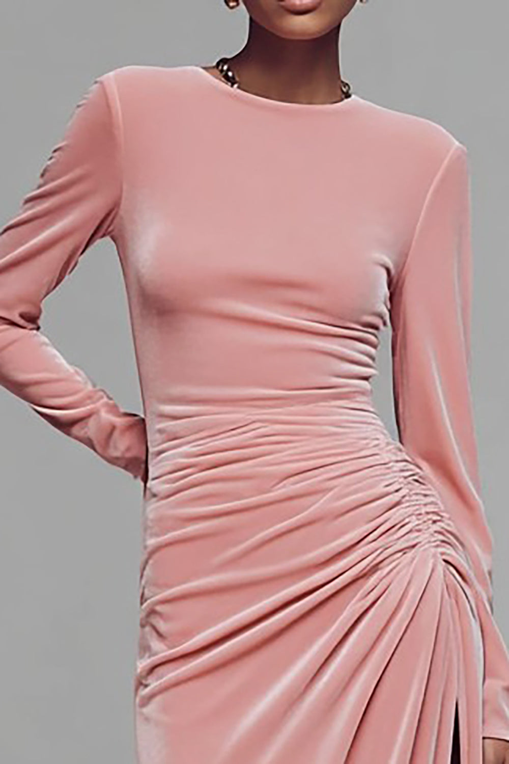 Coffee Crew Neck Ruched Velvet Long Evening Dress with Slit