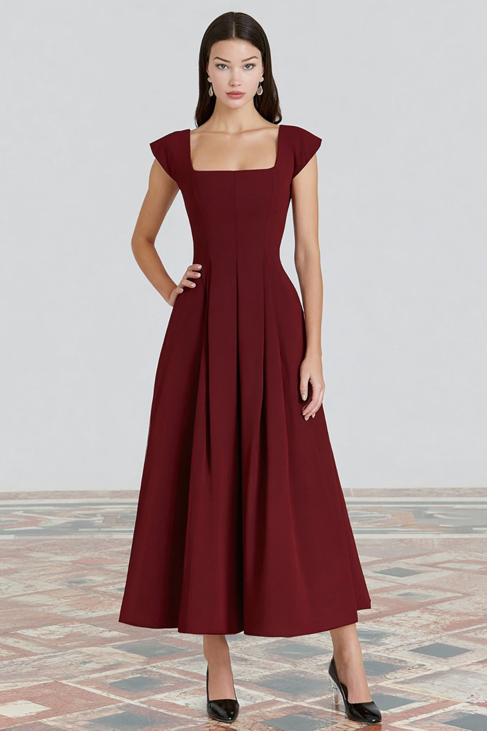 Burgundy Square Neck A-Line Long Evening Dress