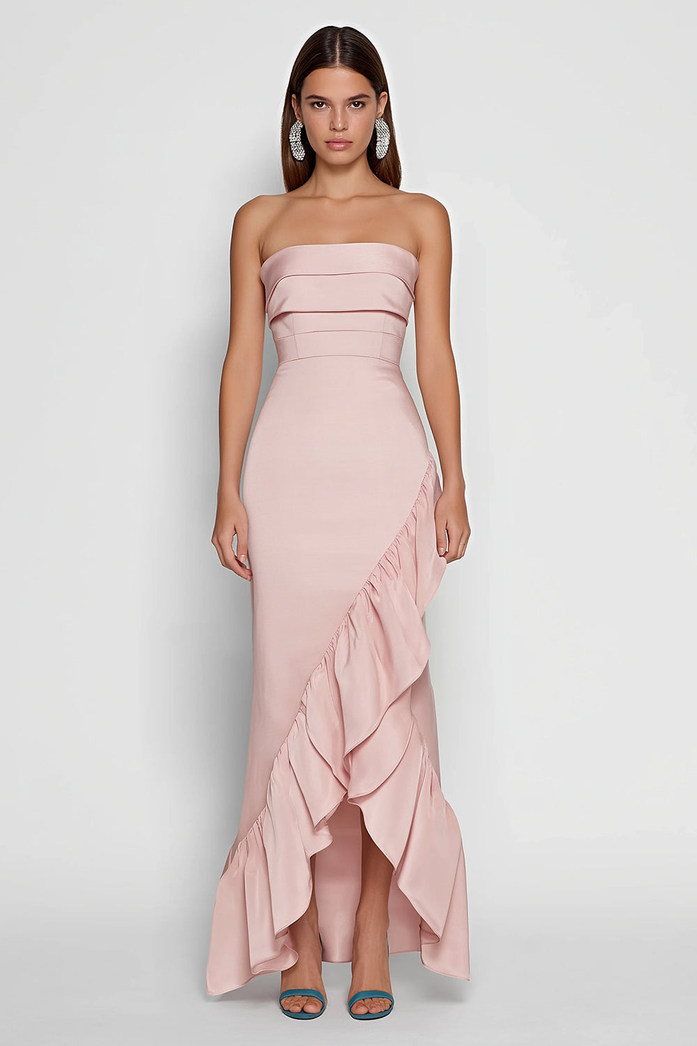 Pink Strapless Satin Mermaid Long Ruffled Wedding Guest Dress with Slit