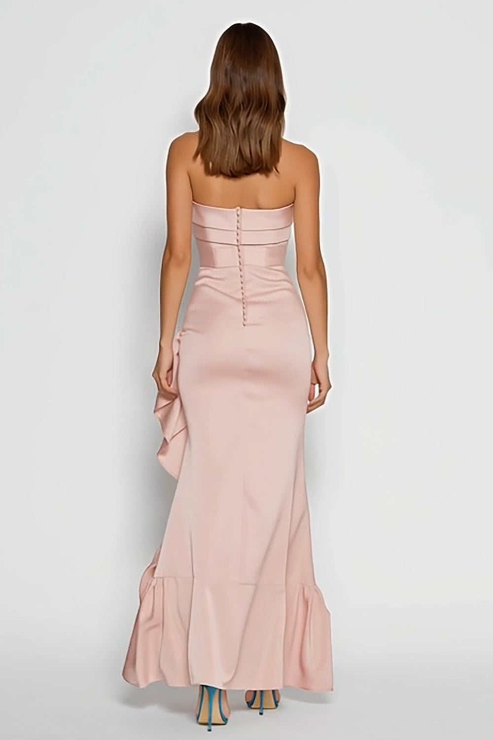 Pink Strapless Satin Mermaid Long Ruffled Wedding Guest Dress with Slit