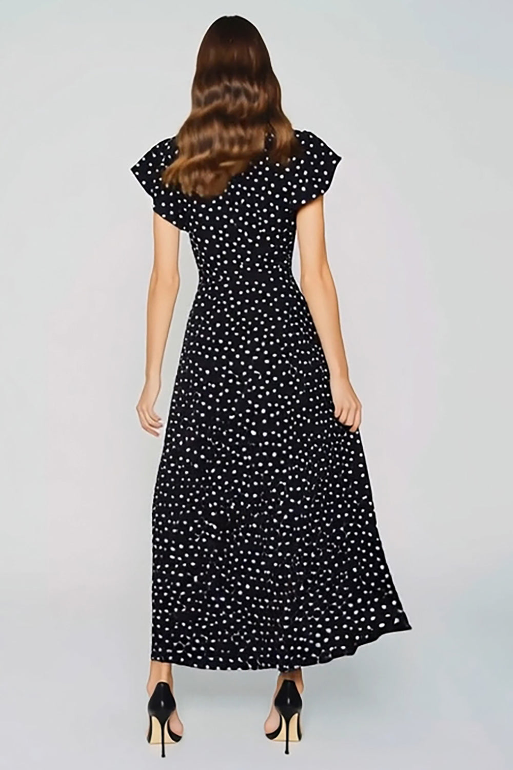 Black and White Polka Dots Crew Neck Long Wedding Guest Dress with Keyhole