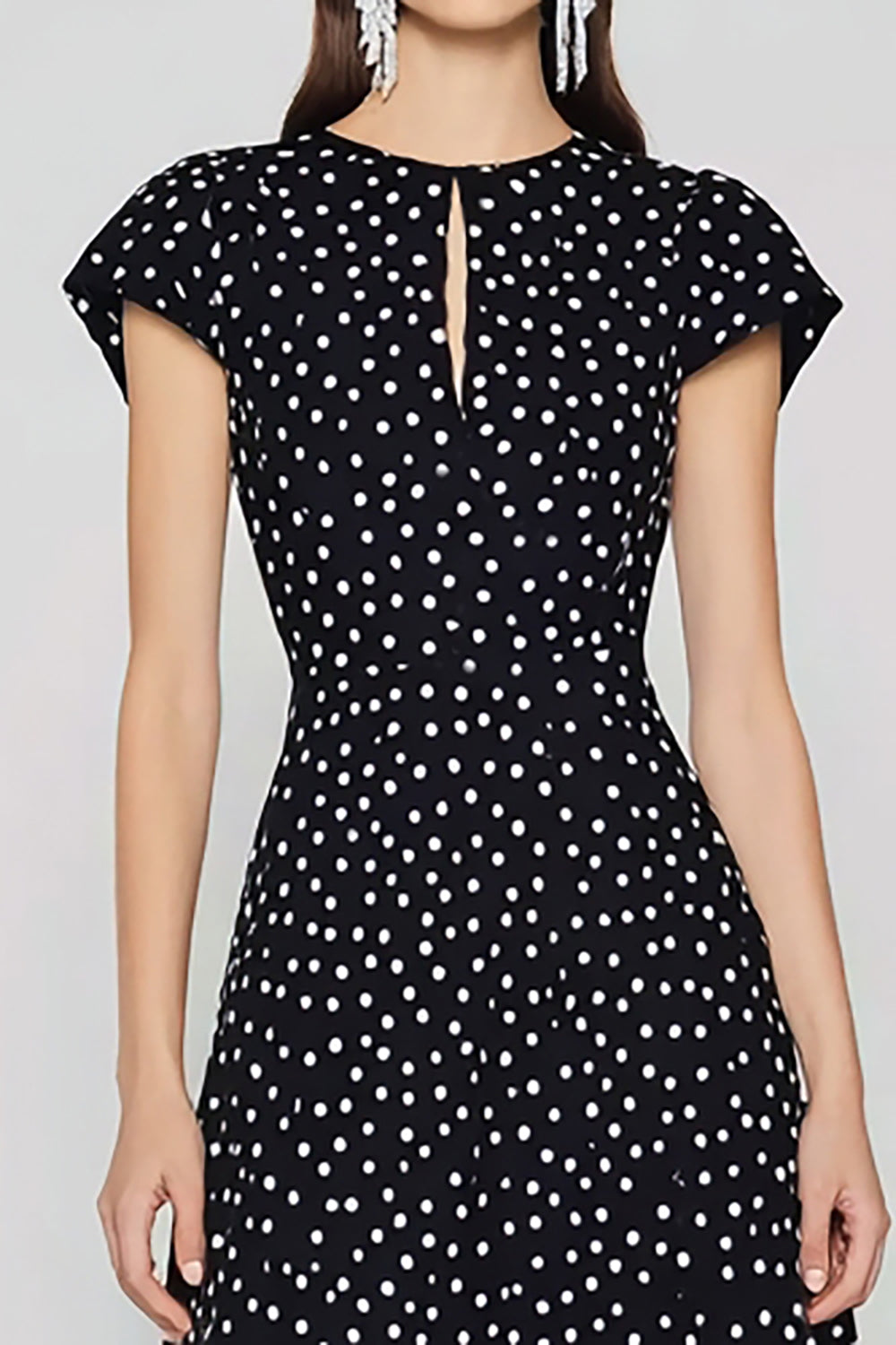Black and White Polka Dots Crew Neck Long Wedding Guest Dress with Keyhole