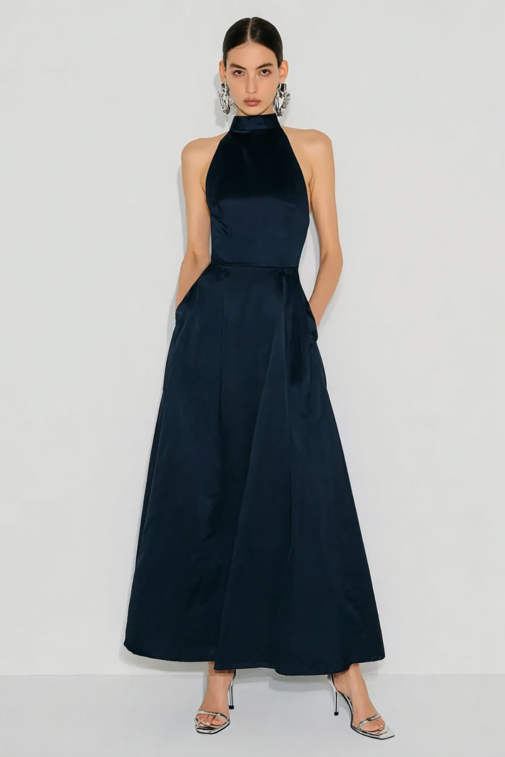 Navy A Line Halter Backless Long Wedding Guest Dress
