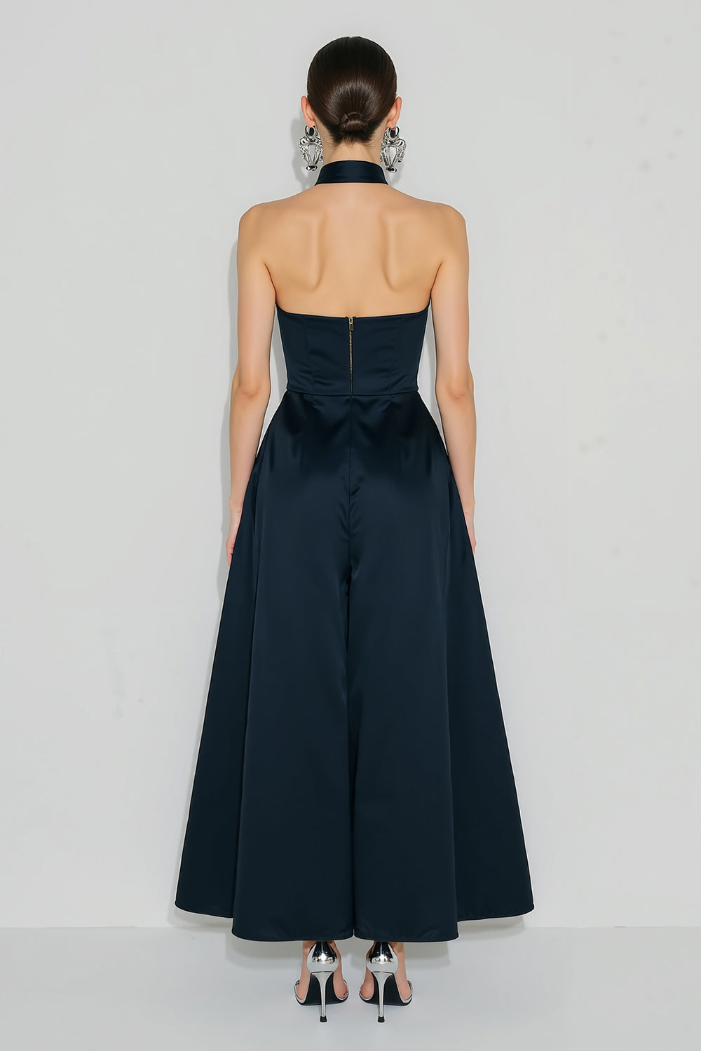 Navy A Line Halter Backless Long Wedding Guest Dress
