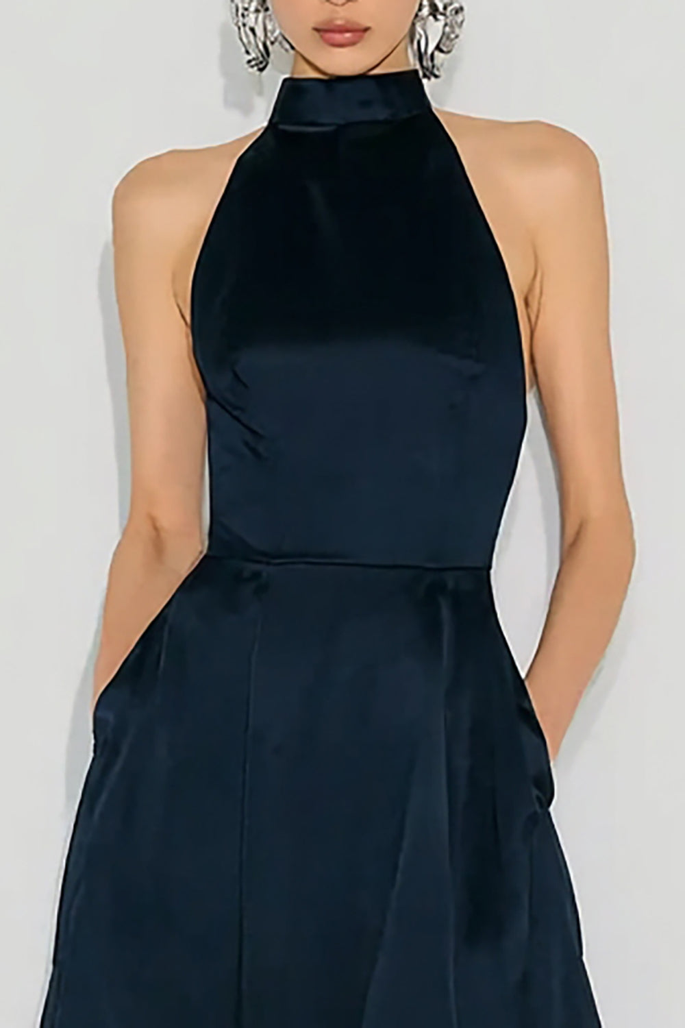 Navy A Line Halter Backless Long Wedding Guest Dress