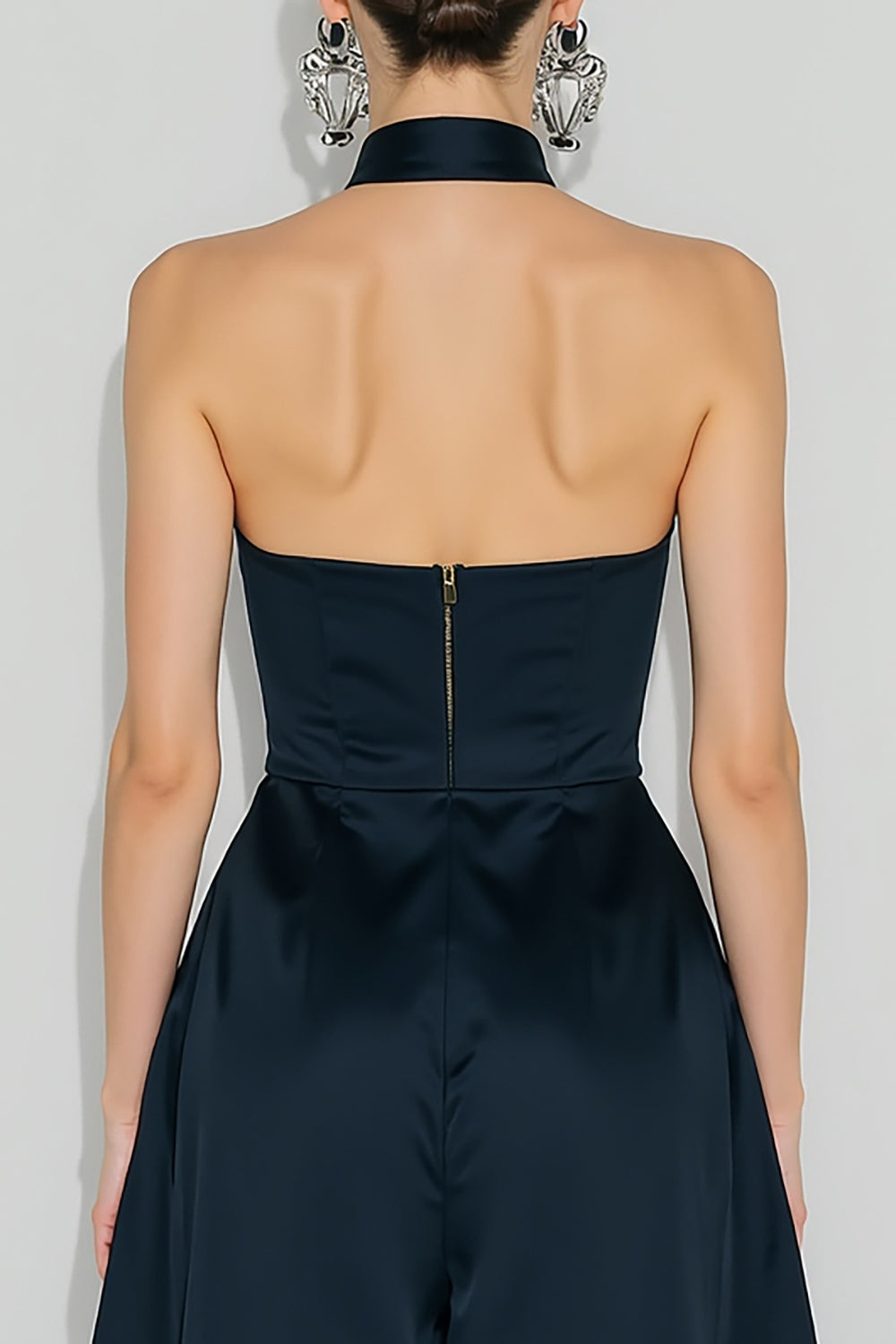 Navy A Line Halter Backless Long Wedding Guest Dress