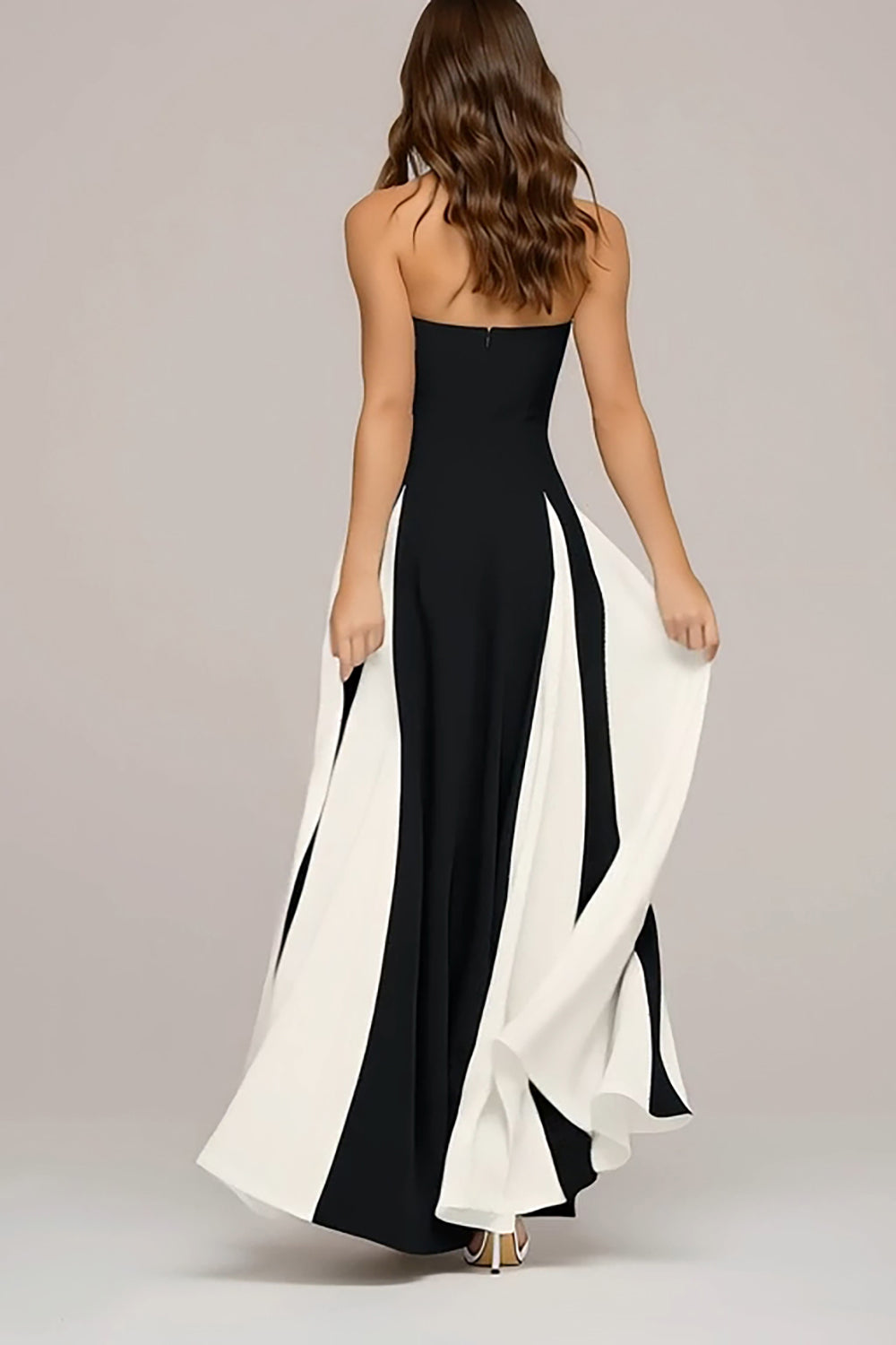 Elegant Black and White A Line Strapless Long Wedding Guest Dress