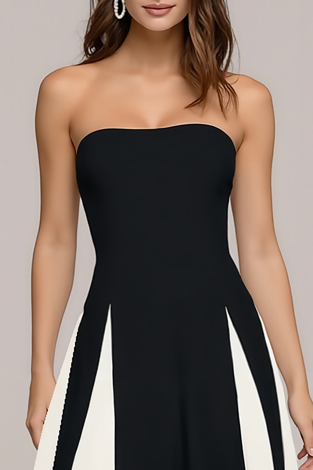 Elegant Black and White A Line Strapless Long Wedding Guest Dress