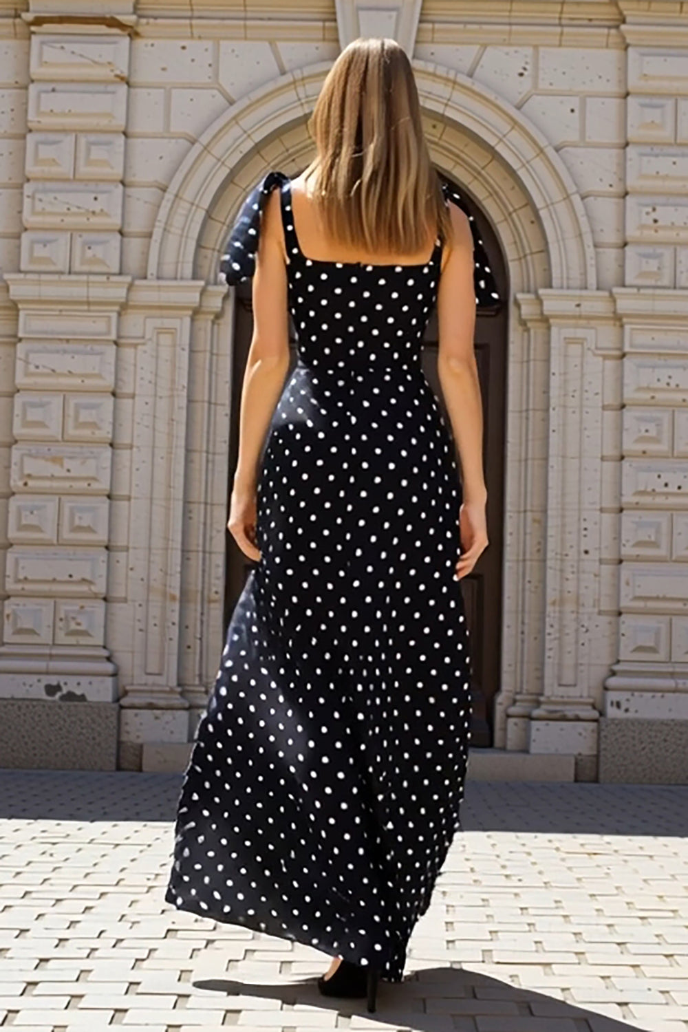 Black and White Polka Dots Square Neck Long Sheath Wedding Guest Dress with Bows