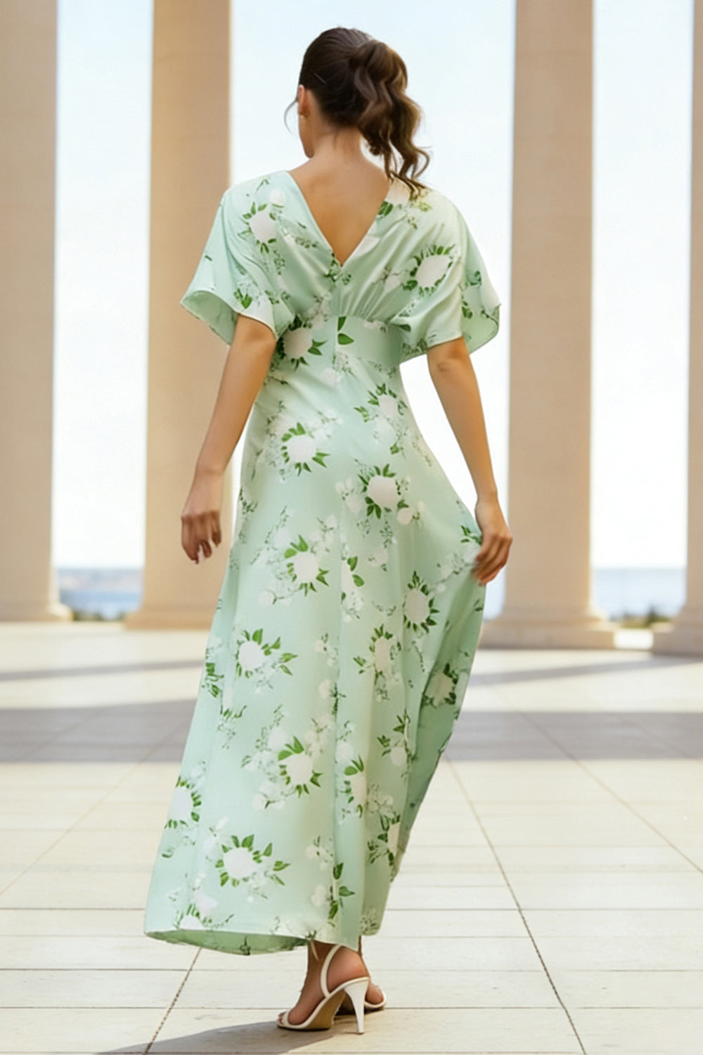 Floral Sage Sheath V-Neck Long Satin Wedding Guest Dress with Sleeves