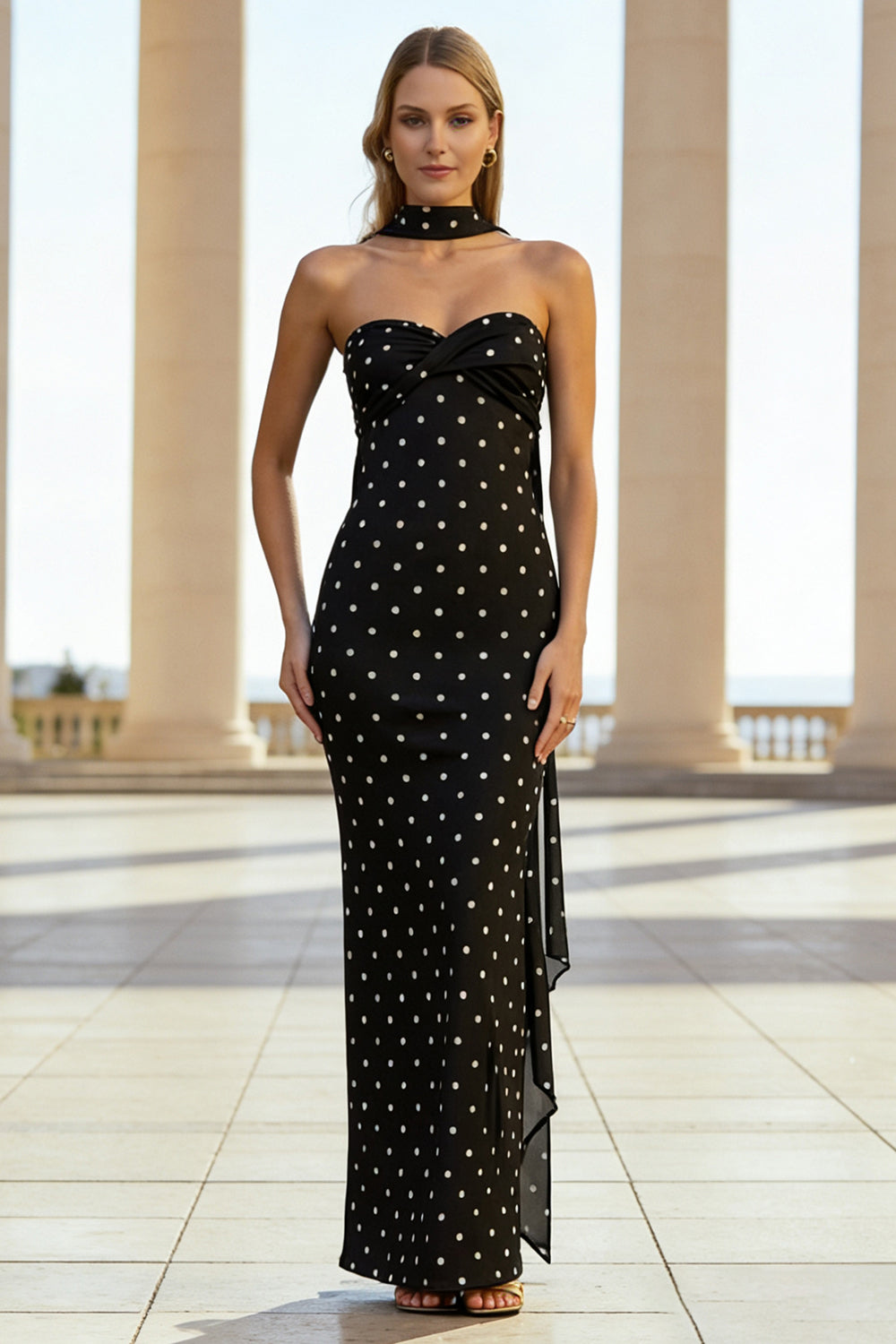 Black and White Polka Dots Sweetheart Long Sheath Wedding Guest Dress