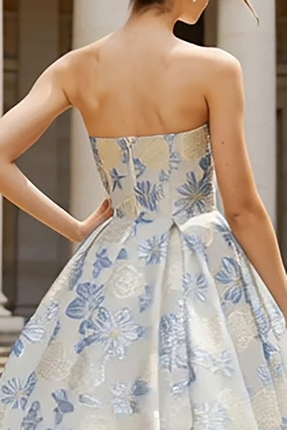 Floral Dusty Blue A Line Strapless Long Corset Wedding Guest Dress