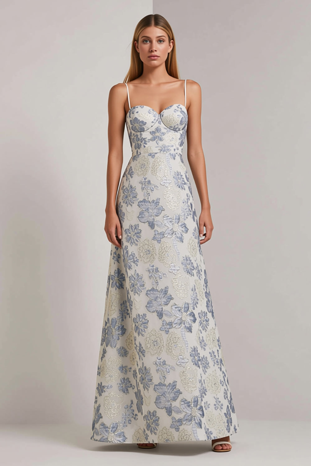 Floral Dusty Blue A-Line Spaghetti Straps Long Wedding Guest Dress