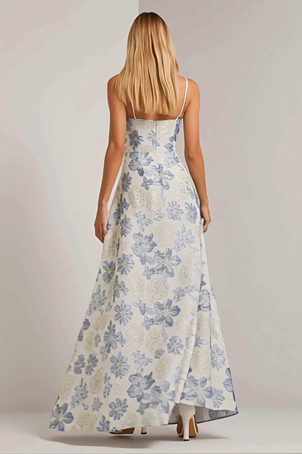 Floral Dusty Blue A-Line Spaghetti Straps Long Wedding Guest Dress