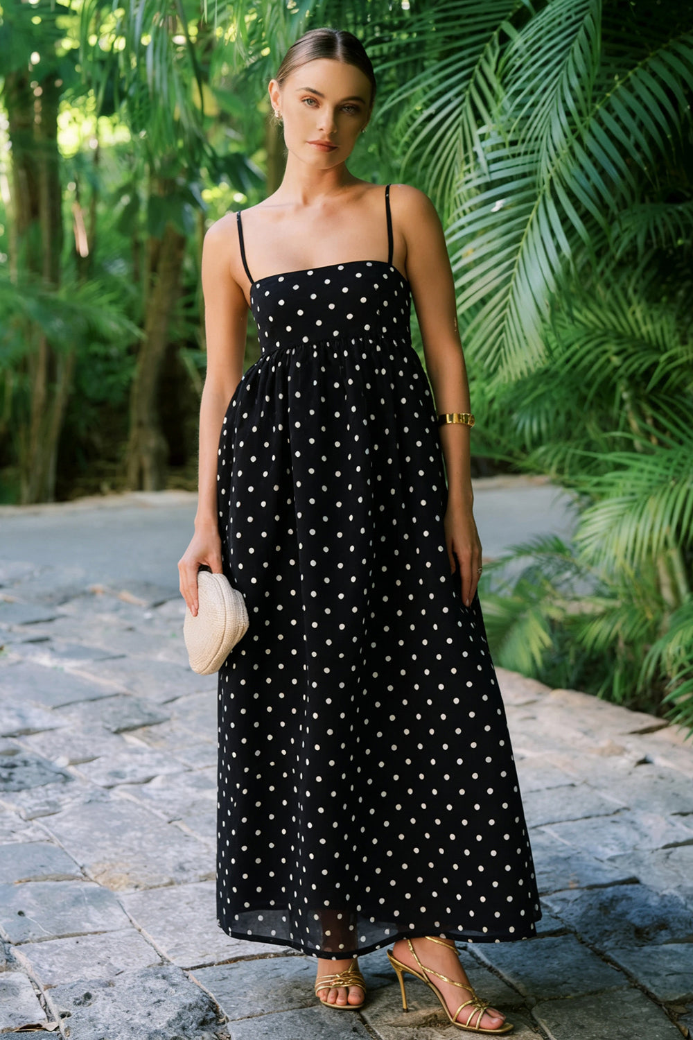 Black and White A Line Polka Dots Long Wedding Guest Dress