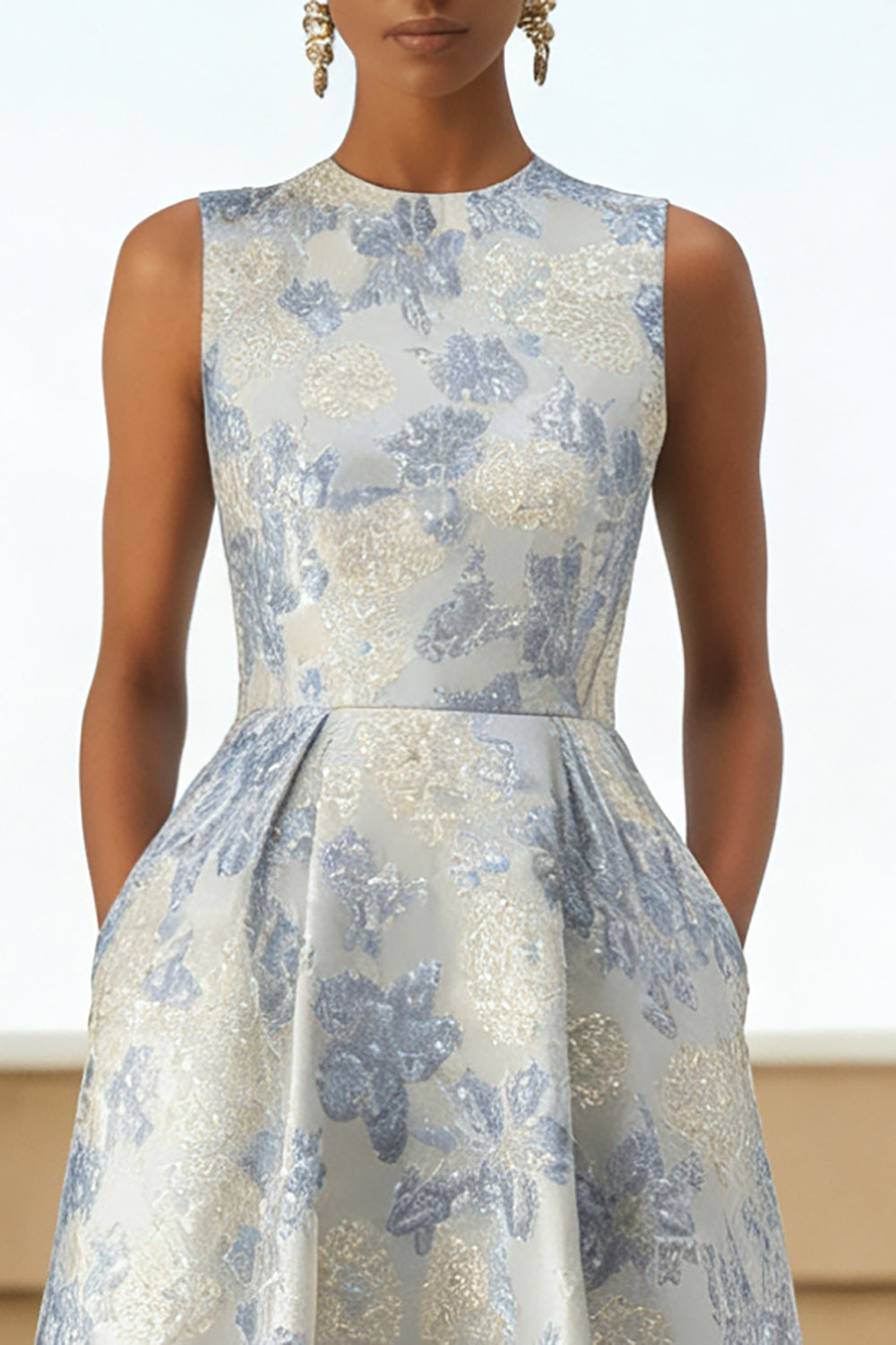 Floral Dusty Blue A-Line Sleeveless Long Wedding Guest Dress