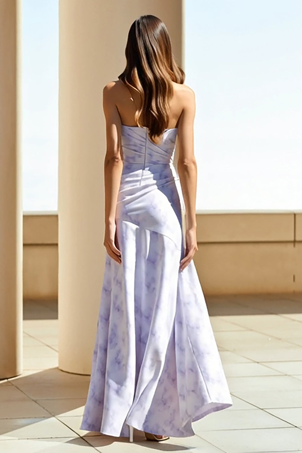 Floral Lilac Strapless Sheath Ruched Long Wedding Guest Dress
