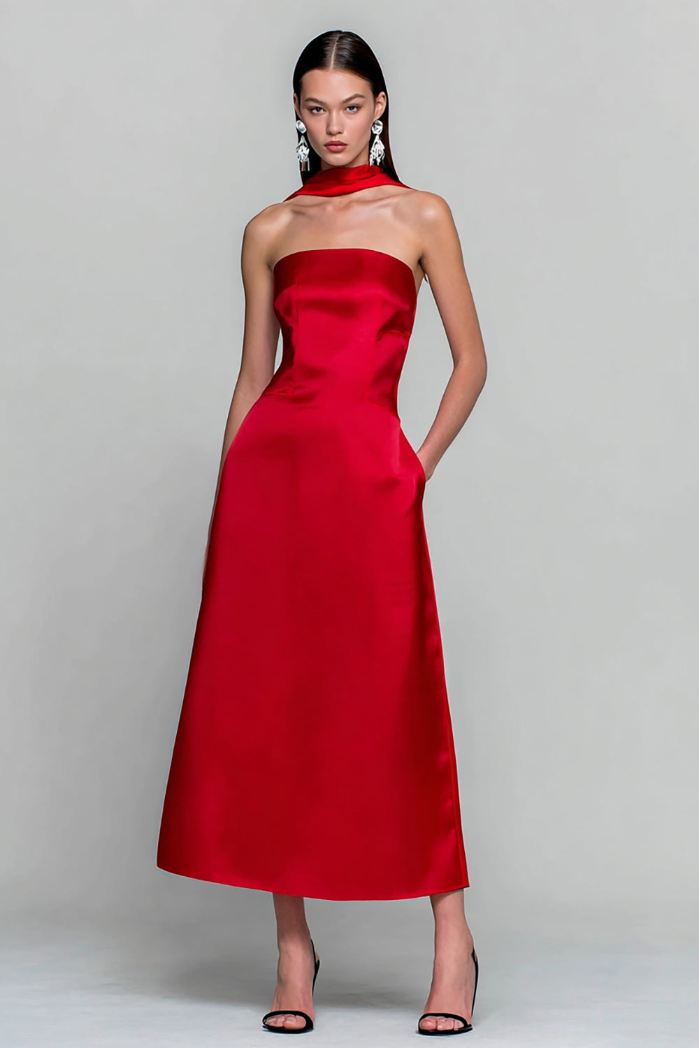 Red Strapless A-Line Neck Scarf Long Satin Wedding Guest Dress