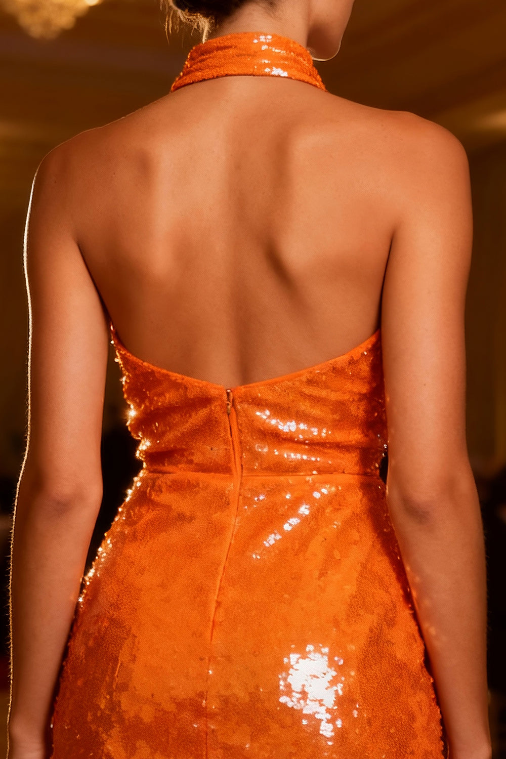 Sparkly Orange Backless Bodycon Short Sequin Cocktail Dress
