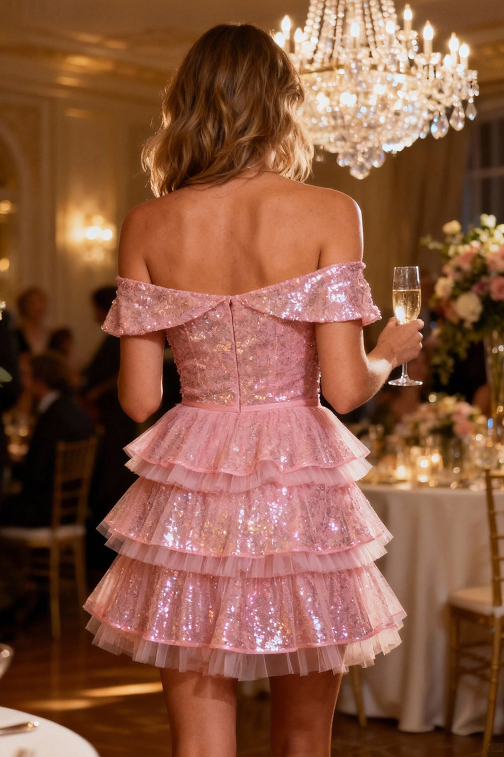 Sparkly Sequin Pink Short Cocktail Dress with Ruffles