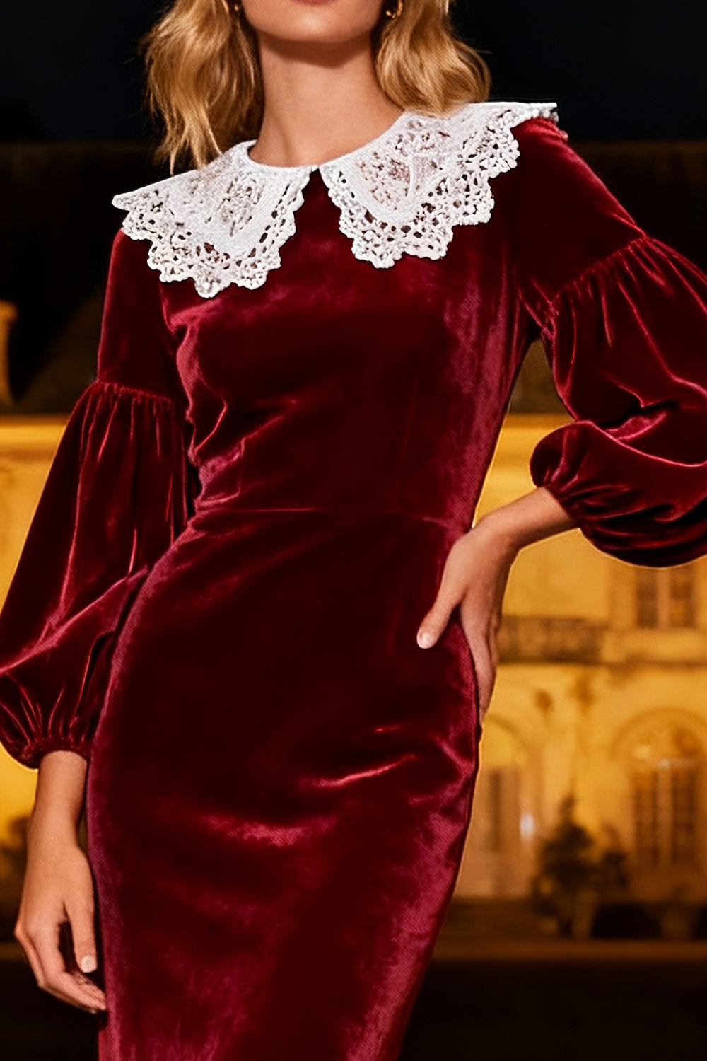 Burgundy Velvet Mermaid Long Holiday Party Dress with Lace