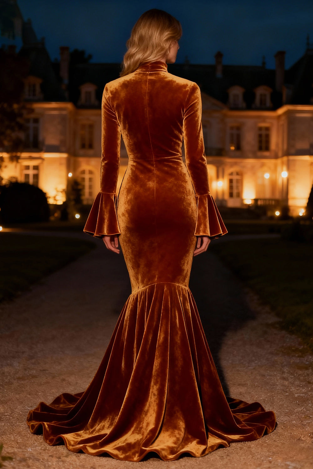 Brown Ruffled Long Mermaid Velvet Holiday Party Dress with Slit