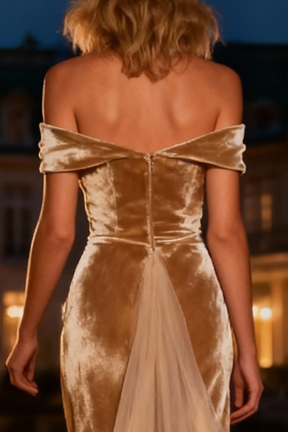 Champagne Velvet Mermaid Long Holiday Party Dress with Cape